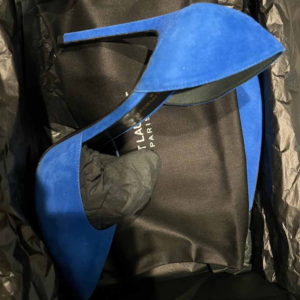 New in Box Saint Laurent Paris Blue Suede Pumps Heels 38 8 YSL Kid Scamosciat
